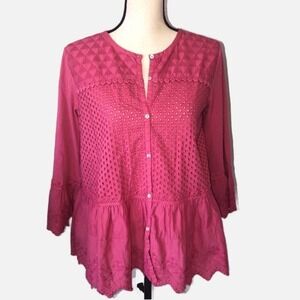 LOGO Cotton Eyelet Tunic Top XS Dark Pink Rose Boho Prairie